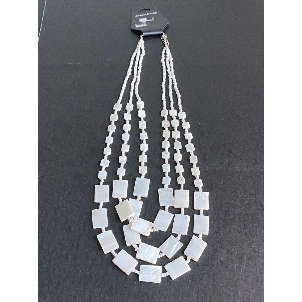 Morher Of Pearl Multi Strand Necklace‎ Mini Round And Flat Beads White NEW